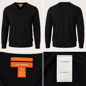 Joe Fresh 100% Cashmere Sweater Mens XL Black V Neck Knit Classic Luxury Preppy